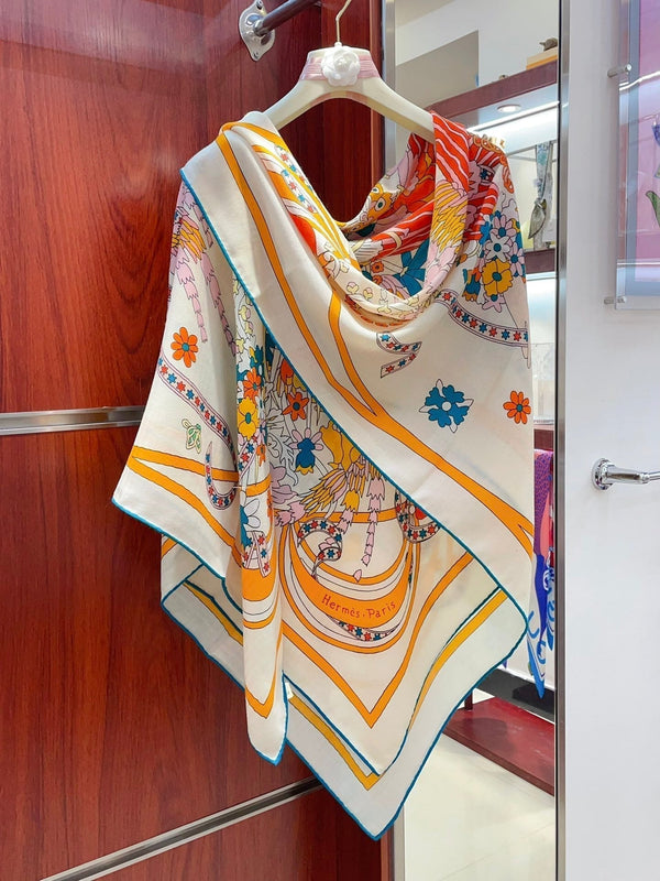 La Danse Du Printemps Scarf 140 In Yellow Colorful Cashmere And Silk 344366