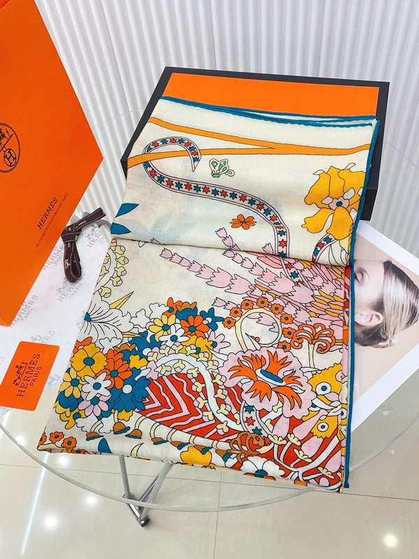 La Danse Du Printemps Scarf 140 In Yellow Colorful Cashmere And Silk 344366