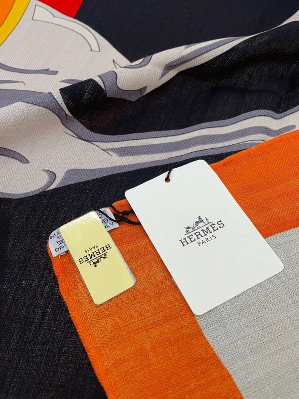 Cheval a la Couverture Scarf 140 CM In Black Colorful Cashmere And Silk 344367