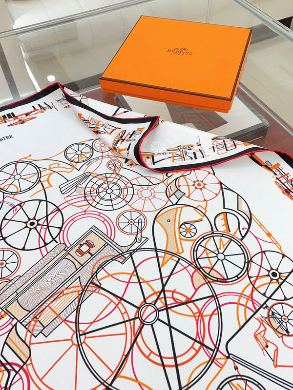 Complication Equestre Scarf 90 CM In White Orange Coloful Silk Twill 345897