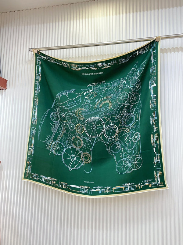 Complication Equestre Scarf 90 CM In Green Coloful Silk Twill  345899