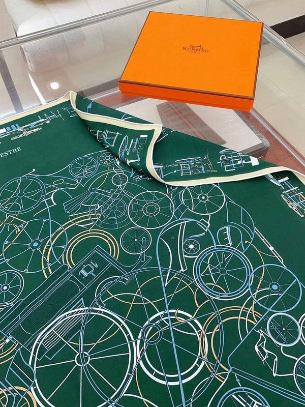 Complication Equestre Scarf 90 CM In Green Coloful Silk Twill  345899