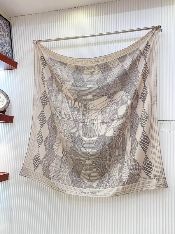 Patchwork Horse Shawl 140 CM In Grey Mix White Cashmere And Silk 350428