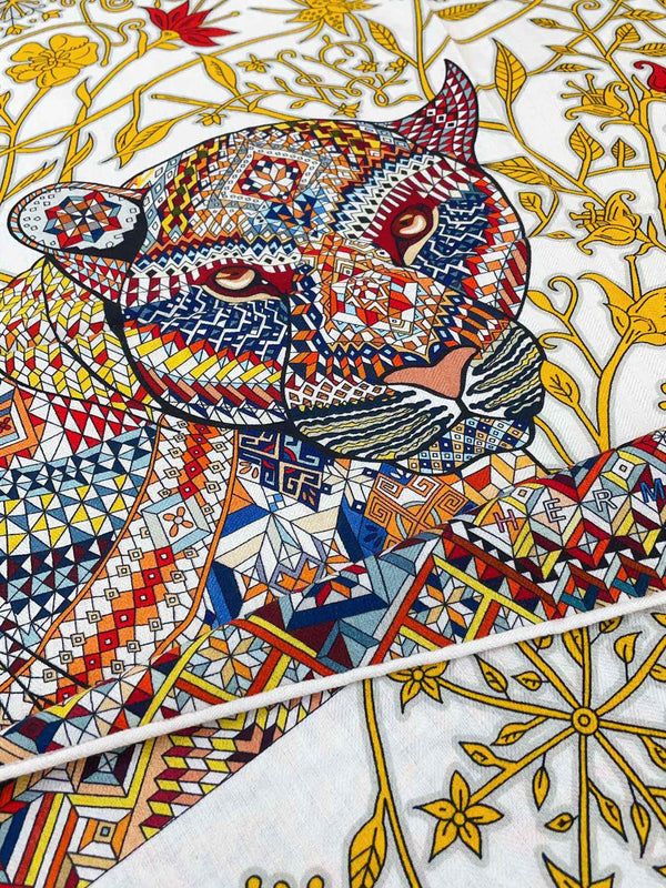 Le Jaguar Et Le Colibri Shawl 135 CM Yellow Colorful Cashmere And Silk 357903