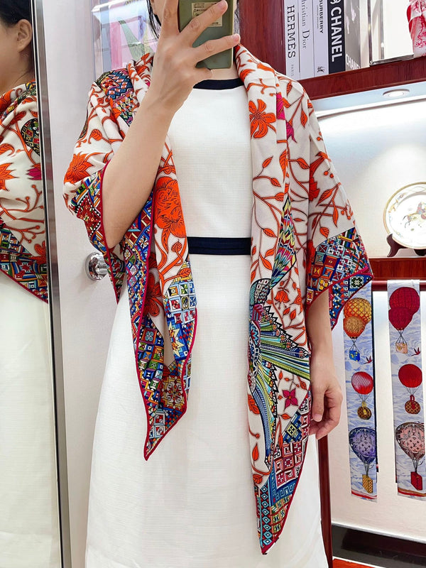 Le Jaguar Et Le Colibri Shawl 135 CM Red Colorful Cashmere And Silk  357904