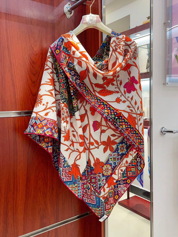 Le Jaguar Et Le Colibri Shawl 135 CM Red Colorful Cashmere And Silk  357904