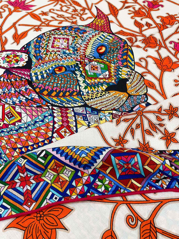 Le Jaguar Et Le Colibri Shawl 135 CM Red Colorful Cashmere And Silk  357904