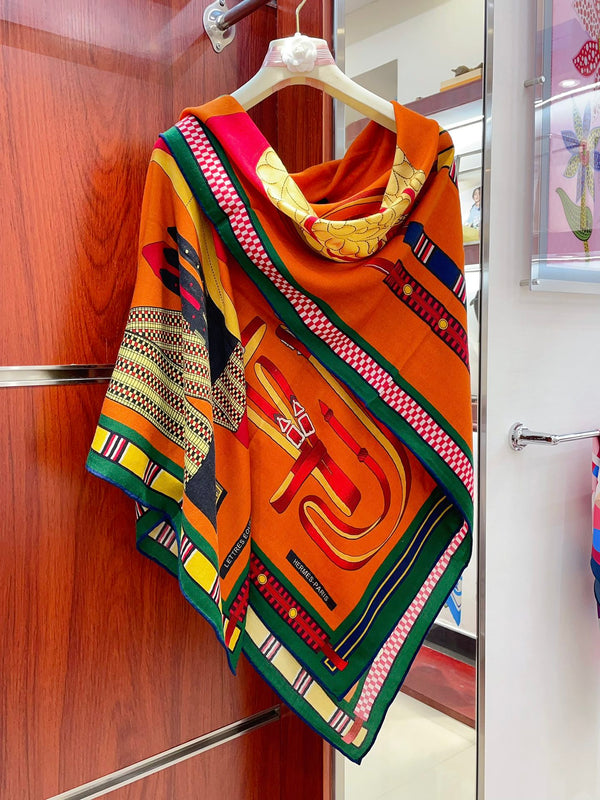 HM Lettres Equestre Scarf 140 CM In Orange Green Colorful Cashmere And Silk 359398