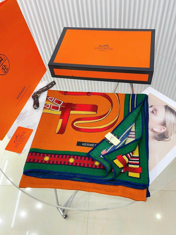 HM Lettres Equestre Scarf 140 CM In Orange Green Colorful Cashmere And Silk 359398