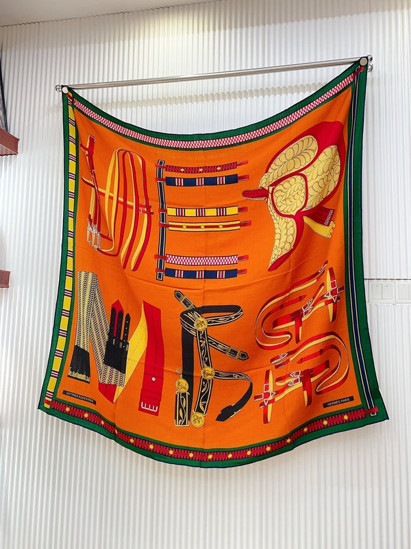 HM Lettres Equestre Scarf 140 CM In Orange Green Colorful Cashmere And Silk 359398