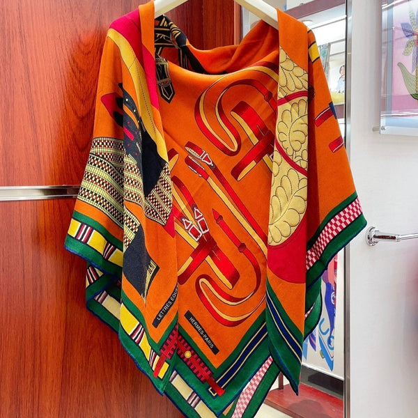 HM Lettres Equestre Scarf 140 CM In Orange Green Colorful Cashmere And Silk 359398