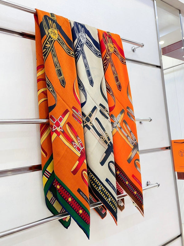 HM Lettres Equestre Scarf 140 CM In Orange Green Colorful Cashmere And Silk 359398