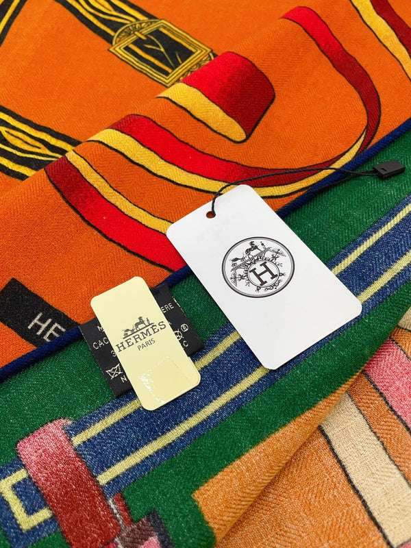 HM Lettres Equestre Scarf 140 CM In Orange Green Colorful Cashmere And Silk 359398
