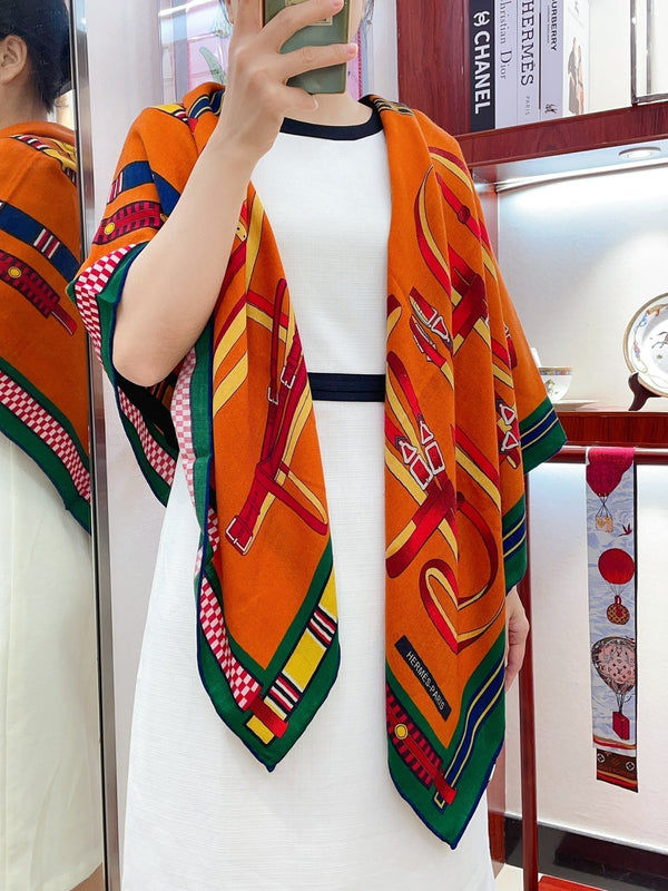 HM Lettres Equestre Scarf 140 CM In Orange Green Colorful Cashmere And Silk 359398