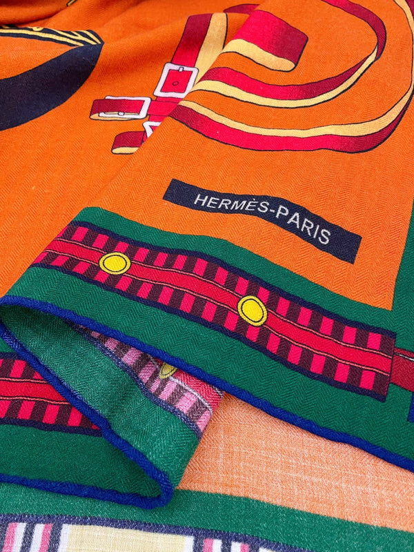 HM Lettres Equestre Scarf 140 CM In Orange Green Colorful Cashmere And Silk 359398