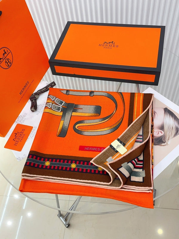 HM Lettres Equestre Scarf 140 CM In Orange Brown Colorful Cashmere And Silk 359400