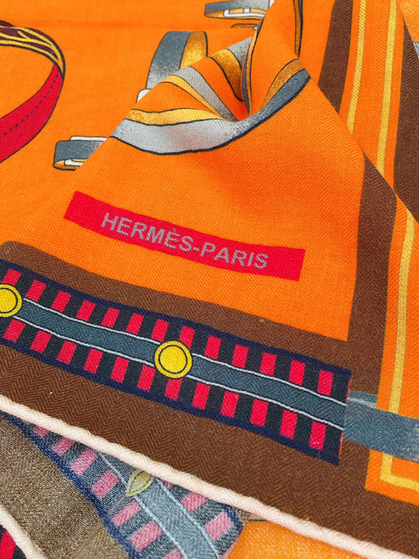 HM Lettres Equestre Scarf 140 CM In Orange Brown Colorful Cashmere And Silk 359400