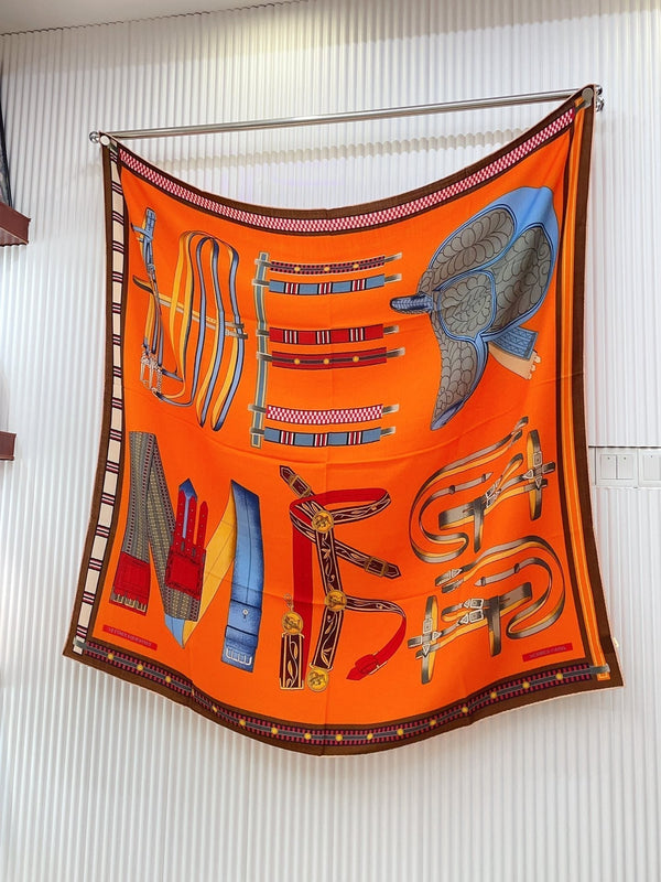 HM Lettres Equestre Scarf 140 CM In Orange Brown Colorful Cashmere And Silk 359400