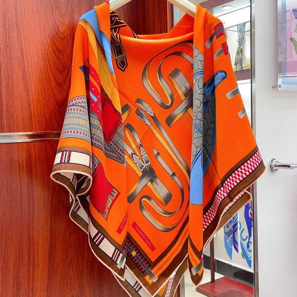 HM Lettres Equestre Scarf 140 CM In Orange Brown Colorful Cashmere And Silk 359400