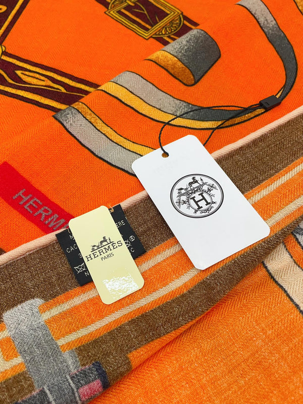 HM Lettres Equestre Scarf 140 CM In Orange Brown Colorful Cashmere And Silk 359400