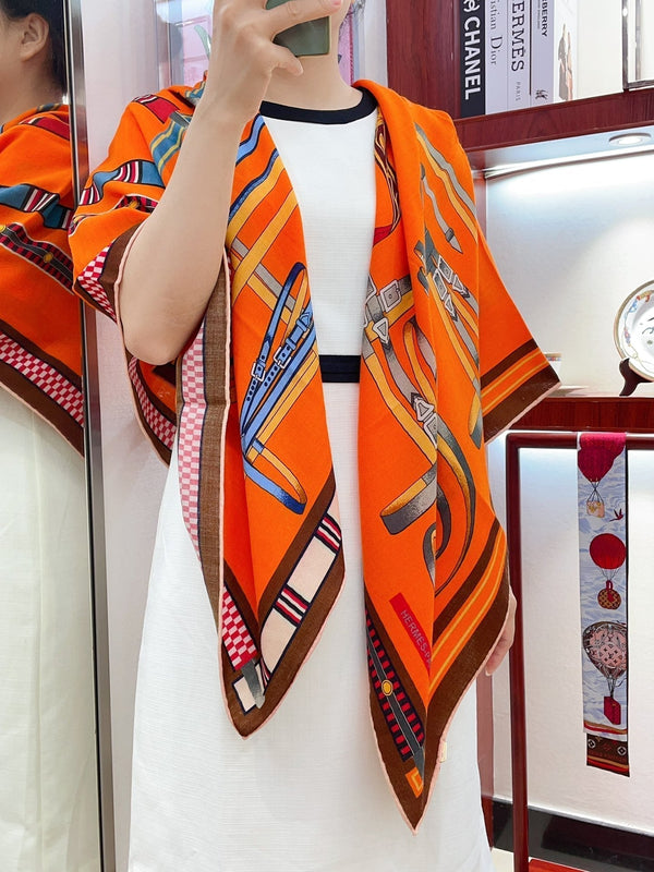 HM Lettres Equestre Scarf 140 CM In Orange Brown Colorful Cashmere And Silk 359400