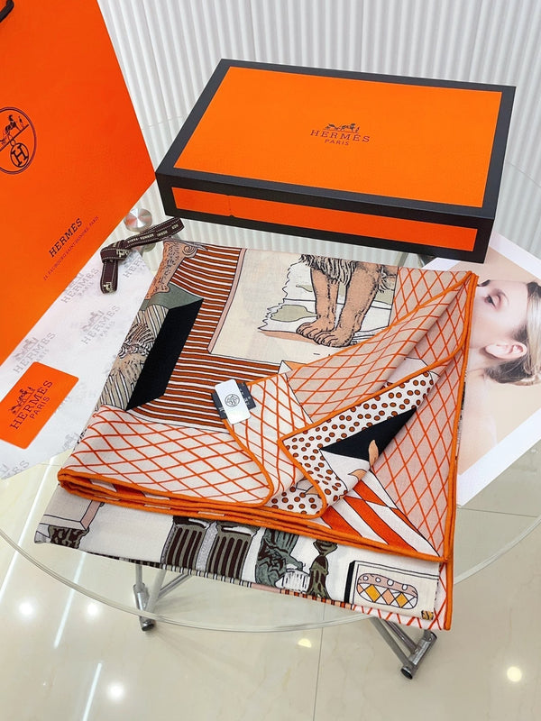 Grand Theatre Nouveau Scarf 135 CM In Orange Colorful Cashmere And Silk 362248