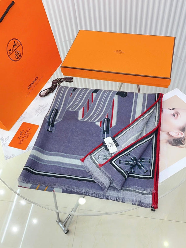 Les Sangles En Finesse Rectangle Scarf 180 CM In Grey Purple Coloful Cashmere And Silk 373655