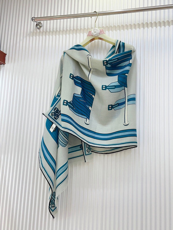 Les Sangles En Finesse Rectangle Scarf 180 CM In Light Blue Coloful Cashmere And Silk 373656