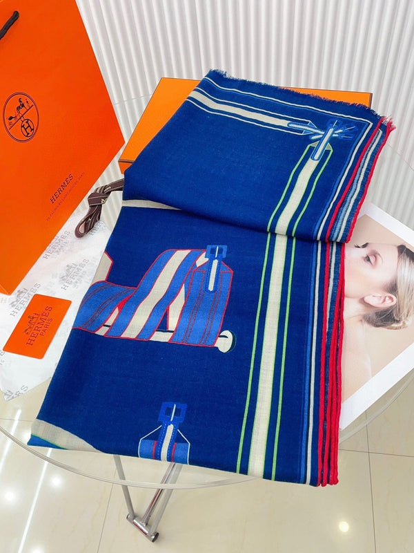 Les Sangles En Finesse Rectangle Scarf 180 CM In Dark Blue Colorful Cashmere And Silk  373657