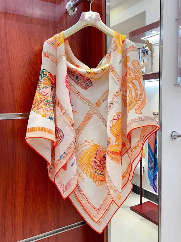 Chevaloscope Scarf 140 CM In Yellow Orange Colorful Cashmere And Silk 373659