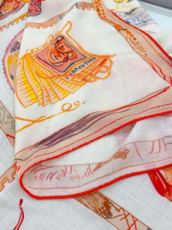 Chevaloscope Scarf 140 CM In Yellow Orange Colorful Cashmere And Silk 373659