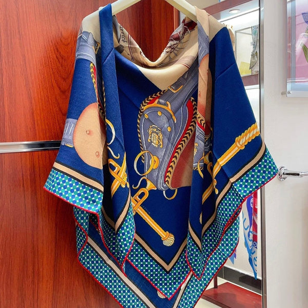 Silk Carrick a Pompe Scarf 140 CM In Dark Blue Colorful Cashmere And Silk 381156