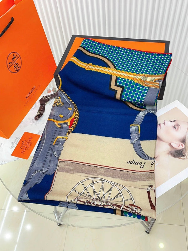 Silk Carrick a Pompe Scarf 140 CM In Dark Blue Colorful Cashmere And Silk 381156