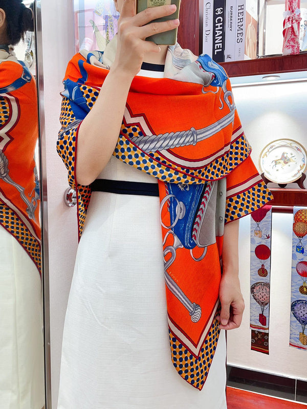 Silk Carrick a Pompe Scarf 140 CM In Orange Colorful Cashmere And Silk 381157