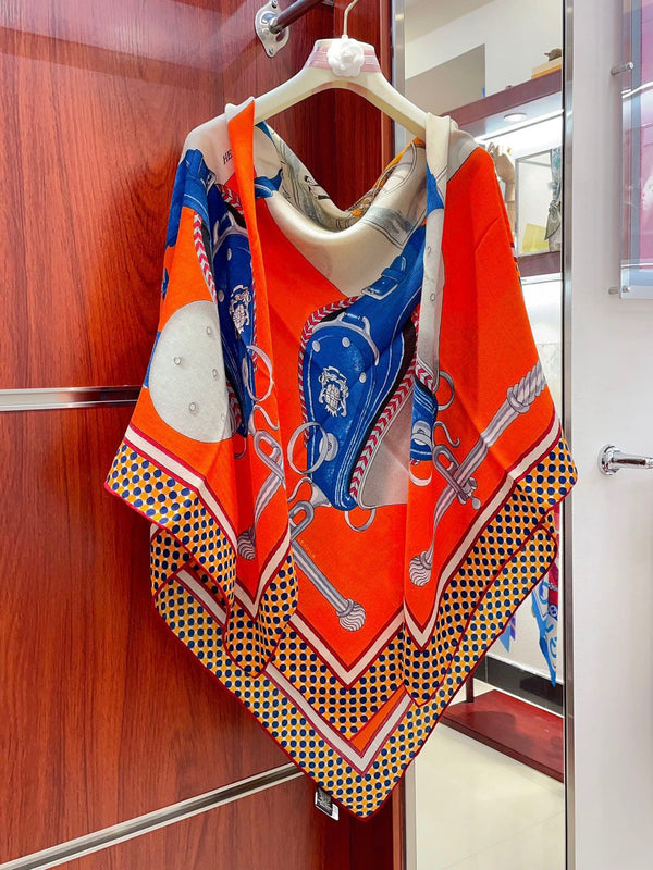 Silk Carrick a Pompe Scarf 140 CM In Orange Colorful Cashmere And Silk 381157