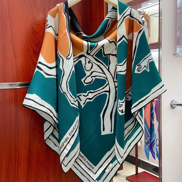 Choregraphie Equestre Scarf 140 CM Teal Blue Colorful Cashmere And Silk 393171