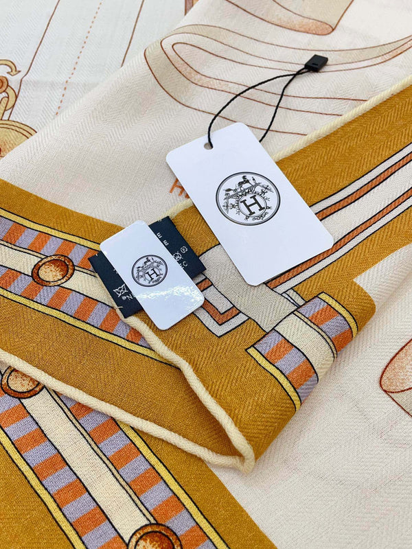 Lettres Equestres Shawl 140 CM White Colorful Cashmere And Silk 398259