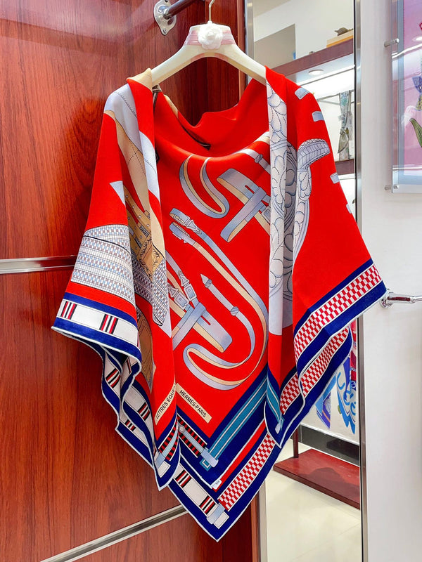 Lettres Equestres Shawl 140 CM Red Colorful Cashmere And Silk 398260
