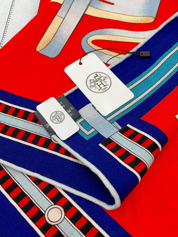 Lettres Equestres Shawl 140 CM Red Colorful Cashmere And Silk 398260