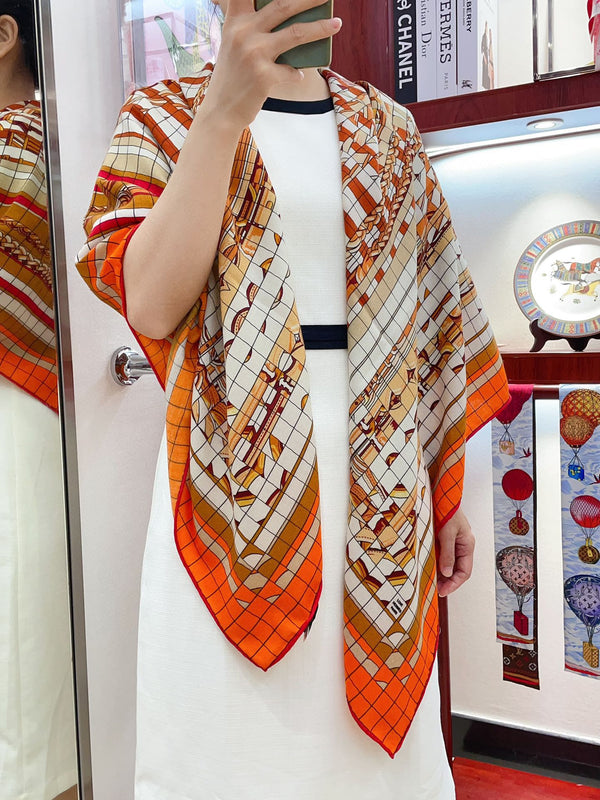 Coaching Deja-Vu Shawl 140 CM Orange Colorful Cashmere And Silk 398263