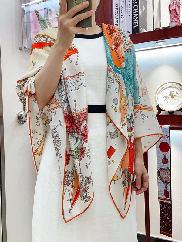 Flagship Scarf 135 CM White Colorful Cashmere And Silk 402079