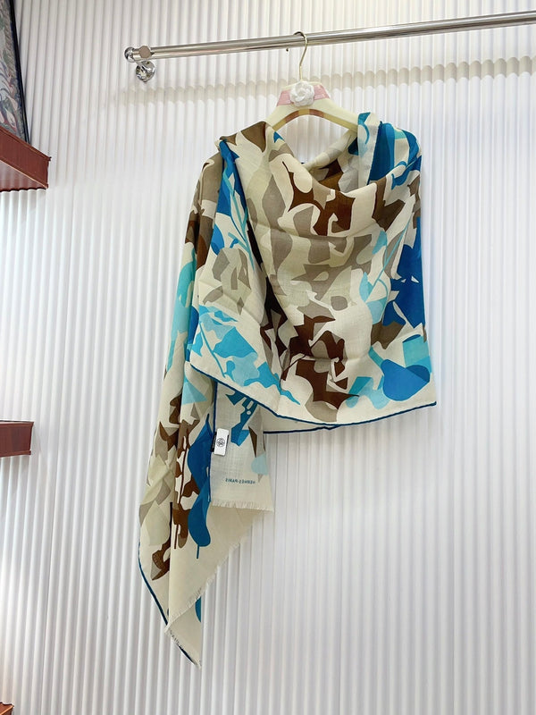 Scarf 180 CM Khaki Green Colorful Mashmere And Silk 403884