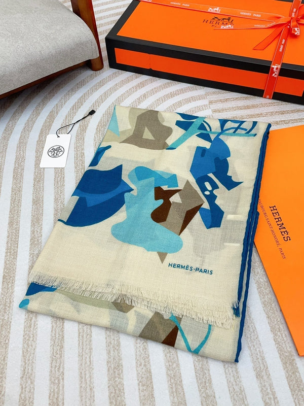 Scarf 180 CM Khaki Green Colorful Mashmere And Silk 403884