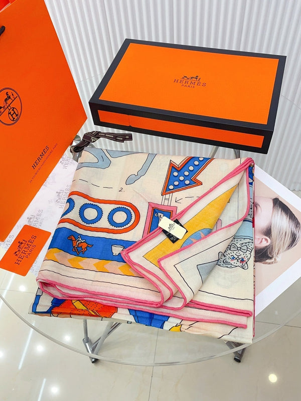 Tea For Two Scarf 140 CM Yellow Colorful Cashmere And Silk 403891