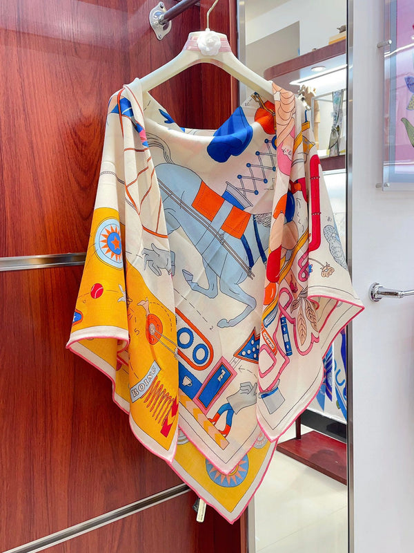 Tea For Two Scarf 140 CM Yellow Colorful Cashmere And Silk 403891