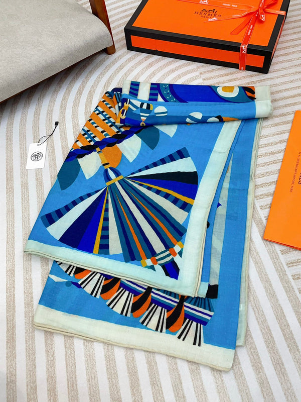 Haute Parure Scarf 135 CM Blue Colorful Cashmere And Silk 405069