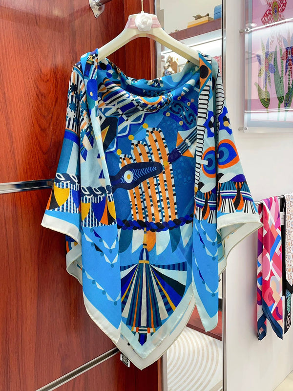 Haute Parure Scarf 135 CM Blue Colorful Cashmere And Silk 405069