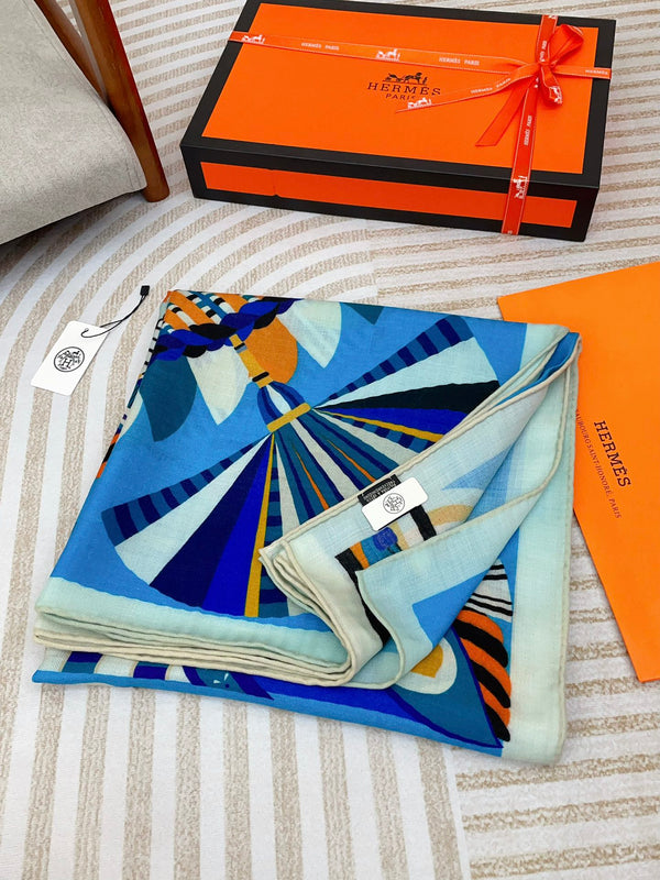 Haute Parure Scarf 135 CM Blue Colorful Cashmere And Silk 405069