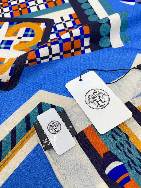 Haute Parure Scarf 135 CM Blue Colorful Cashmere And Silk 405069