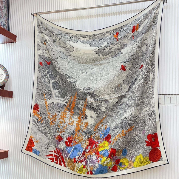 Square Scarf 140CM In Grey White Colorful Cashmere And Silk